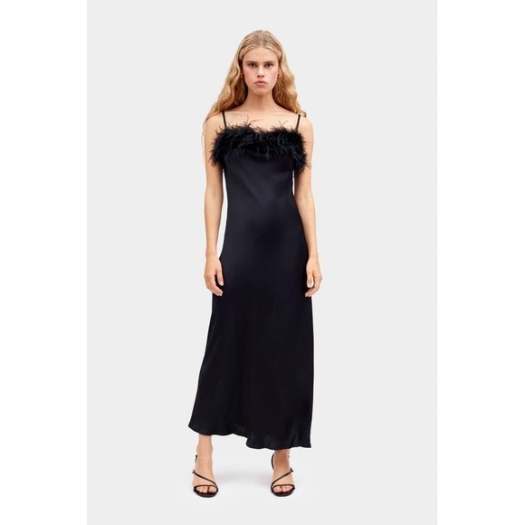 Sleeper Boheme Maxi Slip Dress Womens M Black‎ Feather Trim Party Cocktail NWT